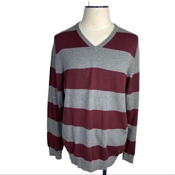 Mens V Neck Sweater XL Long Sleeves Striped Red and Gray Old Navy - Picture 1 of 9